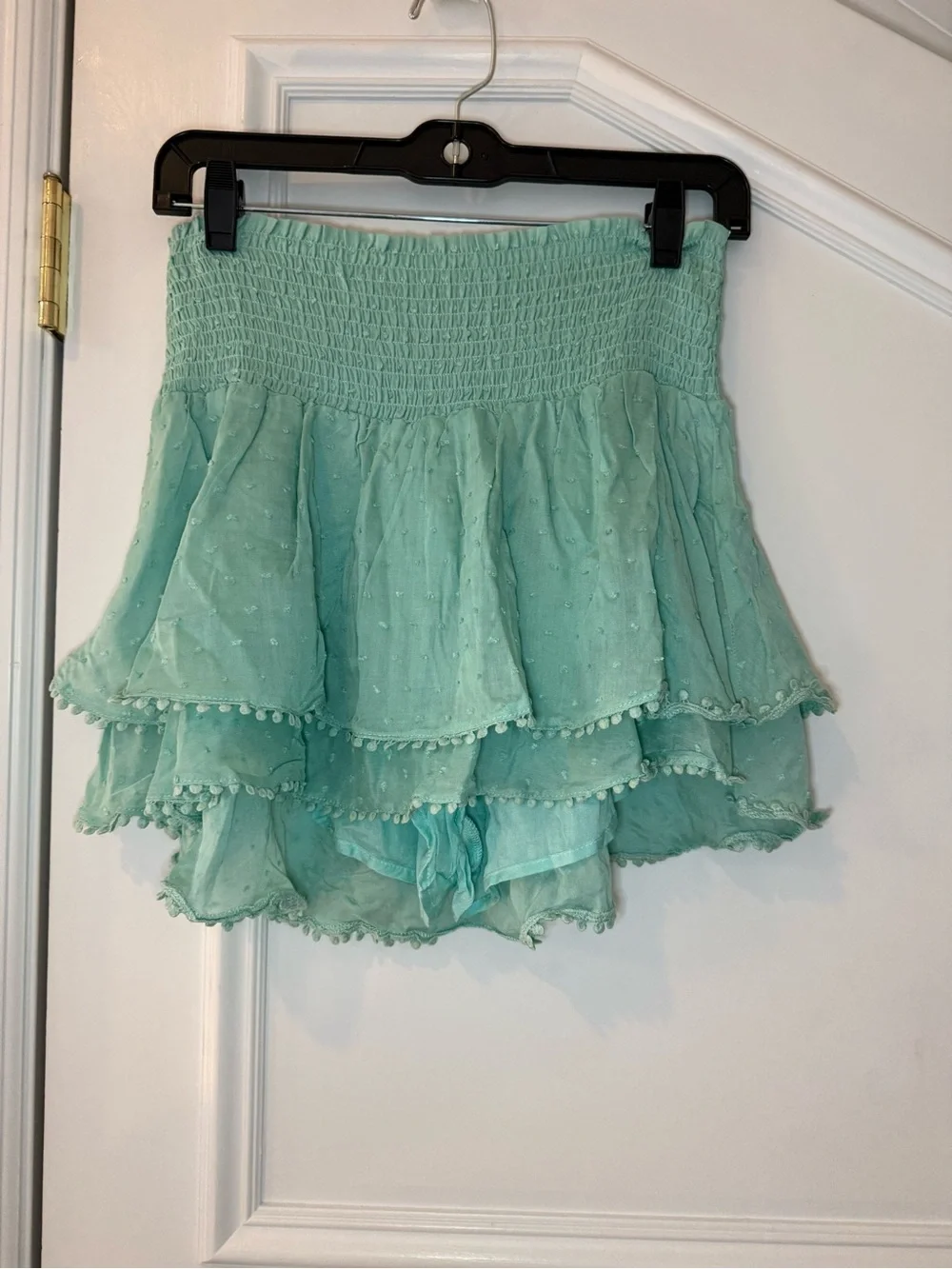 Paradise Aqua Green Smocked Ruffle Skort Hidden Shorts Pom Pom Trim L